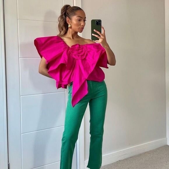 ZARA WOMEN ASYMMETRIC RUFFLED TOP FUCHSIA FLOWER VOLUMINOUS, SIZE S - Picture 5 of 11